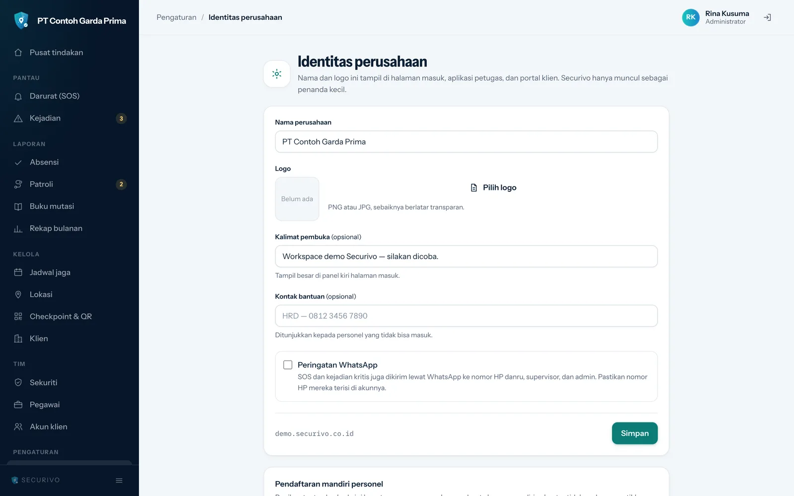 Halaman Identitas perusahaan: kolom Nama perusahaan, Logo, Kalimat pembuka, Kontak bantuan, kotak centang Peringatan WhatsApp, dan tombol Simpan