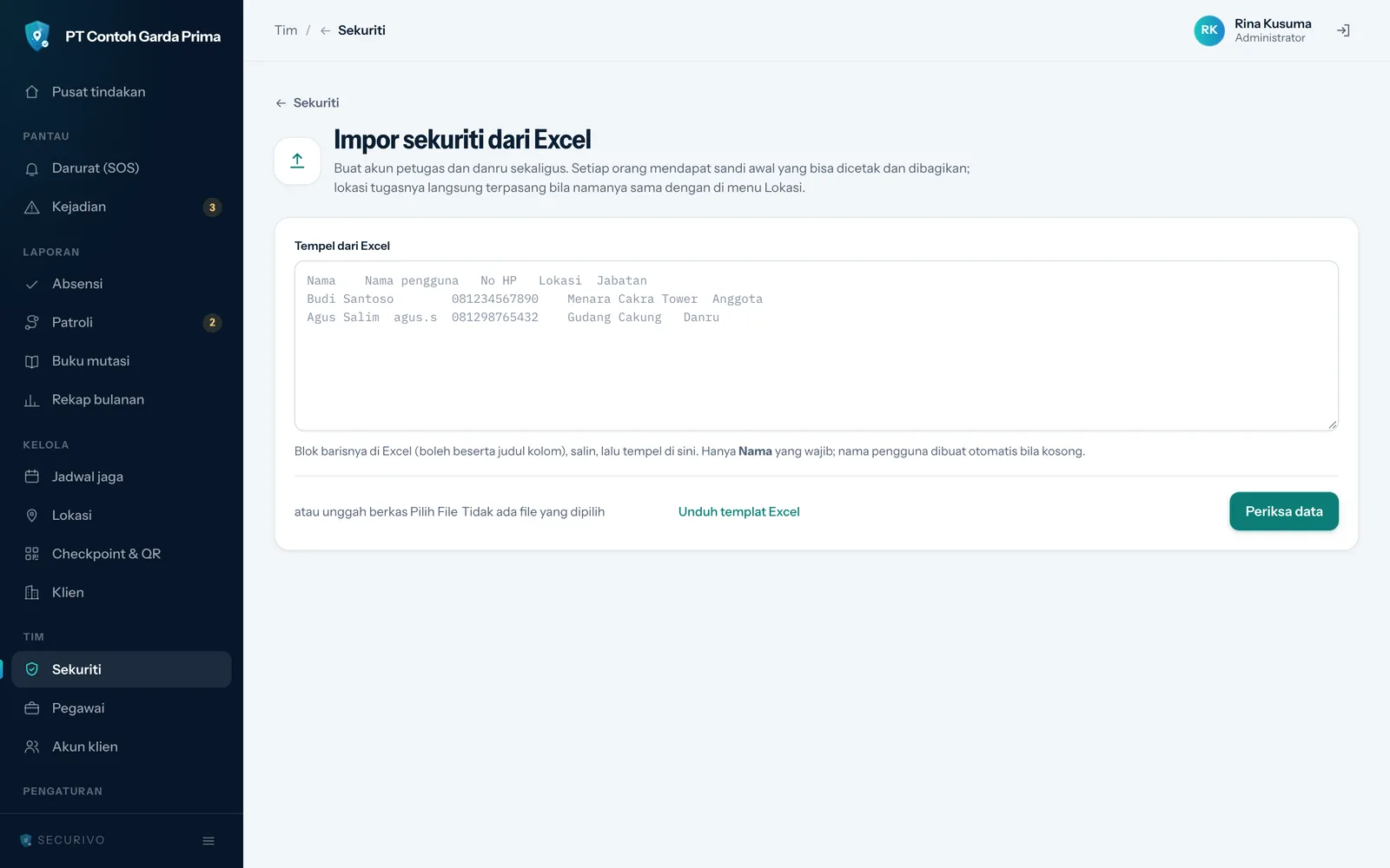 Halaman Impor sekuriti dari Excel dengan kotak Tempel dari Excel, tautan Unduh templat Excel, dan tombol Periksa data
