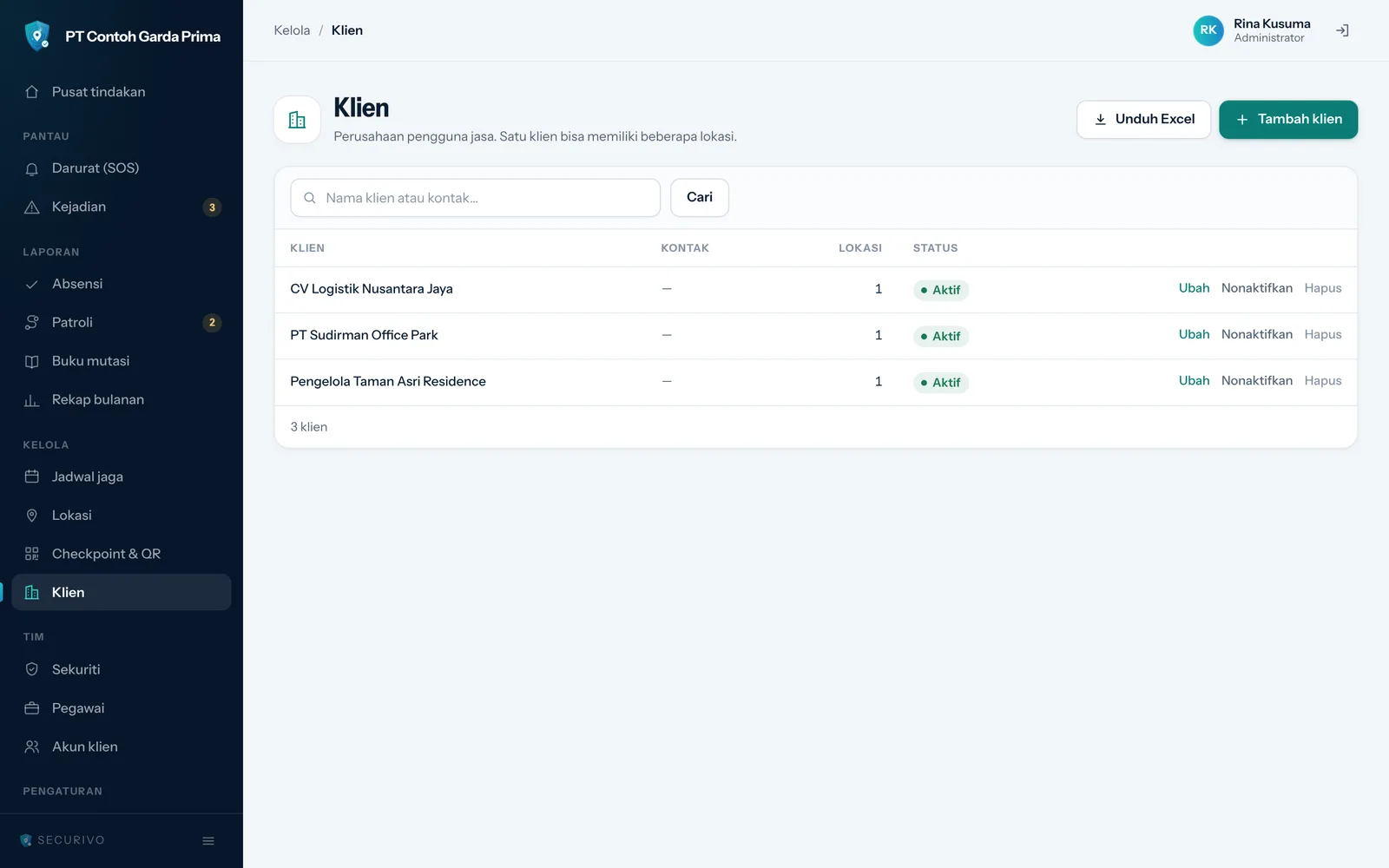 Daftar klien berisi tiga perusahaan contoh dengan status Aktif
