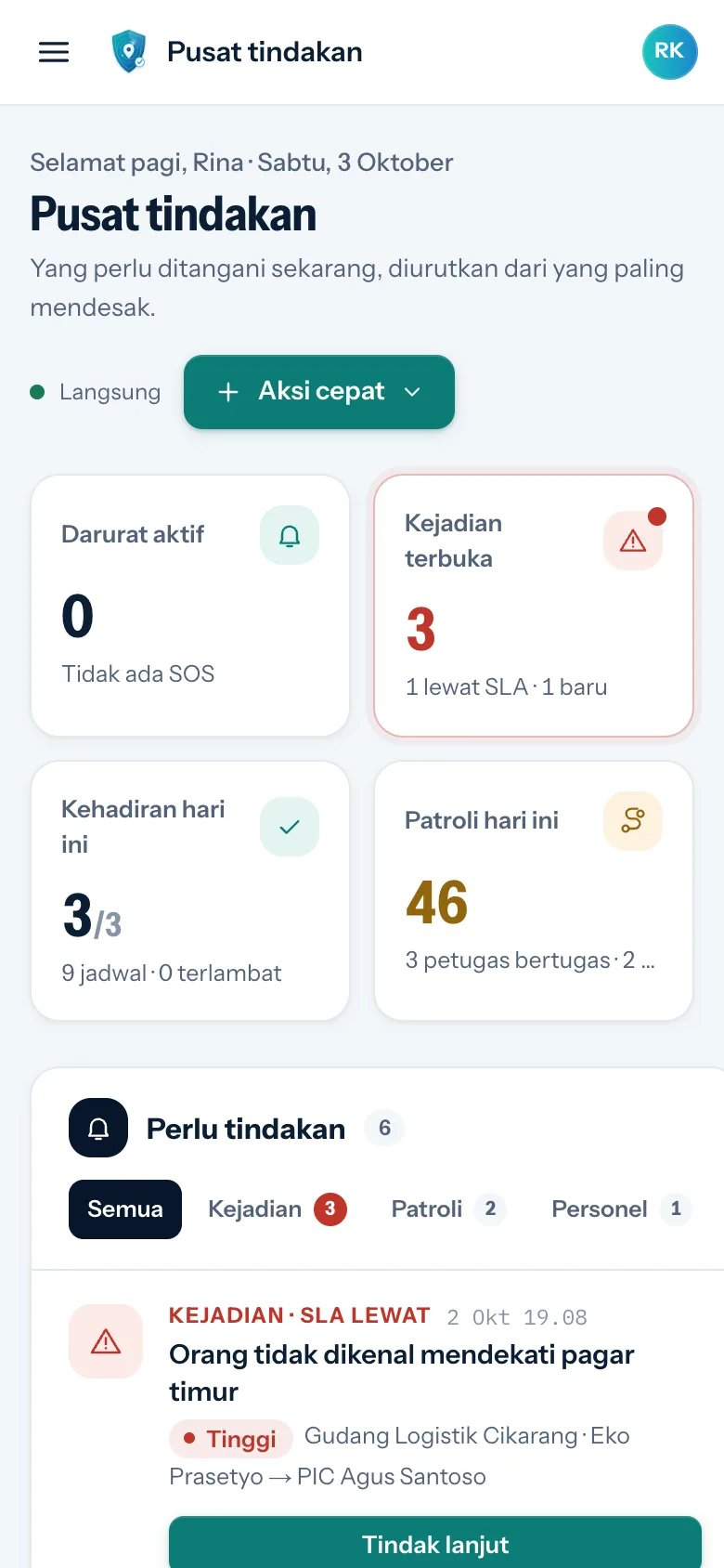 Pusat tindakan di layar HP: kartu angka tersusun dua kolom dan daftar Perlu tindakan di bawahnya