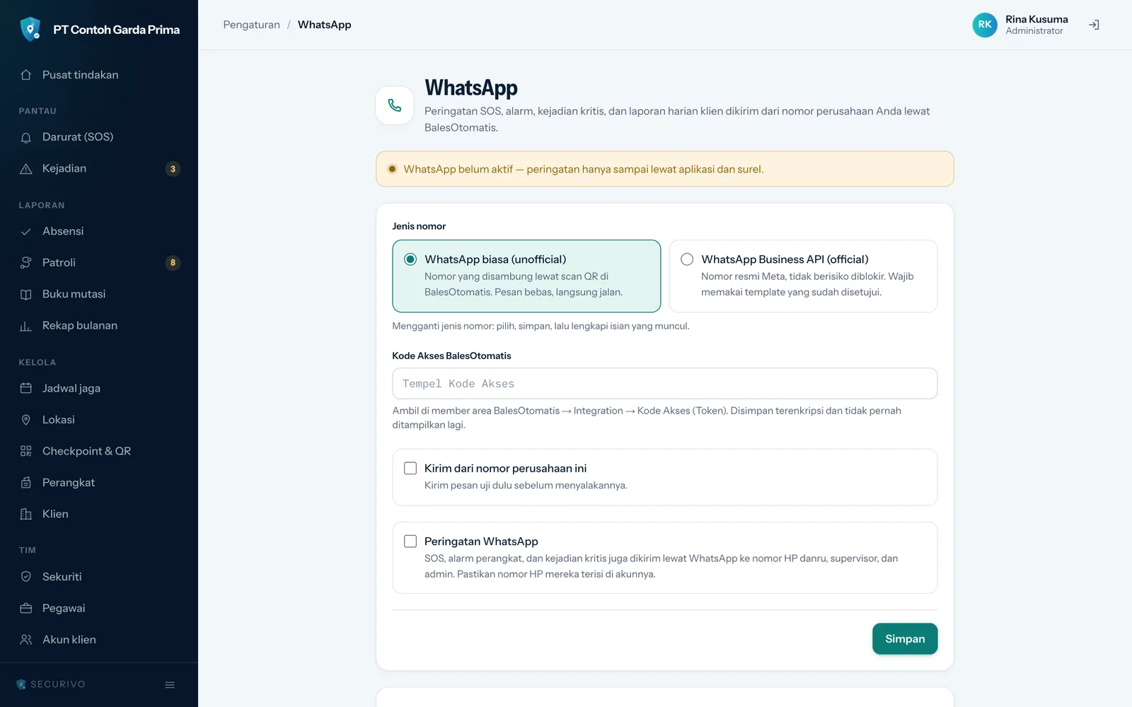Halaman WhatsApp: pilihan Jenis nomor WhatsApp biasa (unofficial) atau WhatsApp Business API (official), kolom Kode Akses BalesOtomatis, kotak Kirim dari nomor perusahaan ini, kotak Peringatan WhatsApp, dan tombol Simpan