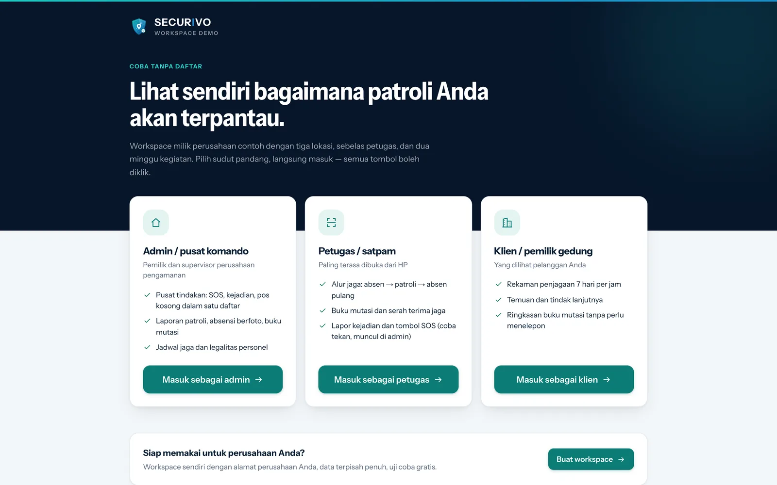 Halaman pilih peran workspace demo: tiga kartu Admin / pusat komando, Petugas / satpam, dan Klien / pemilik gedung, masing-masing dengan tombol Masuk sebagai