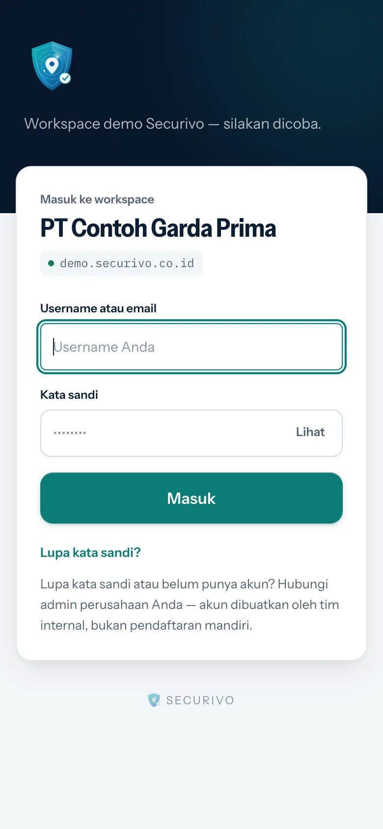 Halaman masuk di HP: nama perusahaan, kolom Username atau email, kolom Kata sandi dengan tombol Lihat, tombol Masuk, dan tautan Lupa kata sandi?