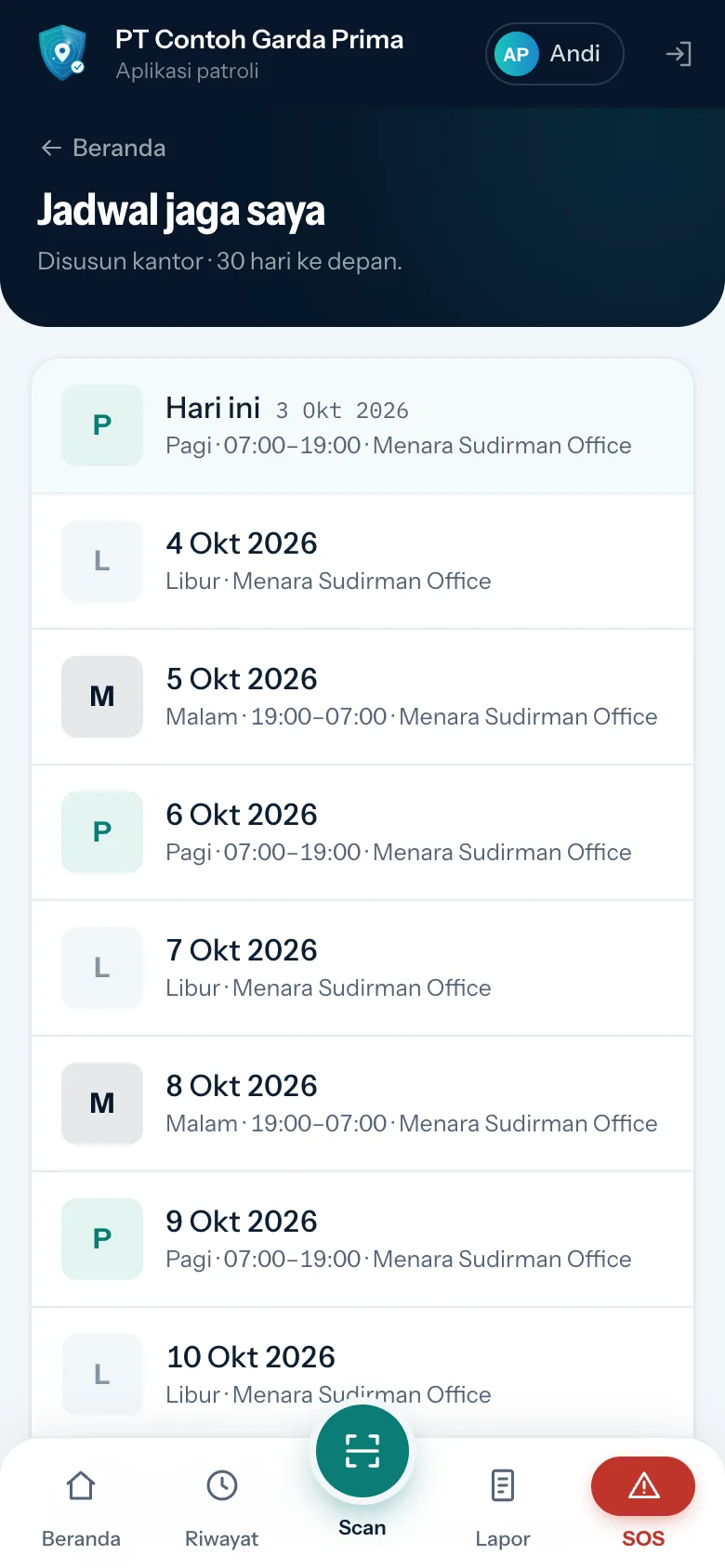 Layar Jadwal jaga saya: Hari ini Pagi 07–19 Menara Sudirman Office, lalu 4 Okt Libur, 5 Okt Malam 19–07, dan seterusnya
