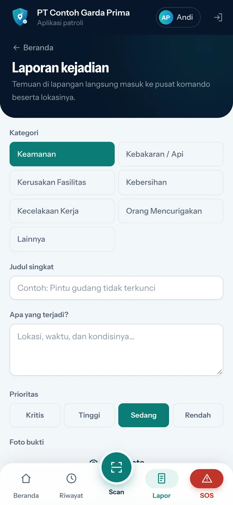 Layar Laporan kejadian: pilihan kategori Keamanan, Kebakaran / Api, Kerusakan Fasilitas, Kebersihan, Kecelakaan Kerja, Orang Mencurigakan, Lainnya; kolom Judul singkat, Apa yang terjadi?, pilihan Prioritas Kritis, Tinggi, Sedang, Rendah, dan Foto bukti