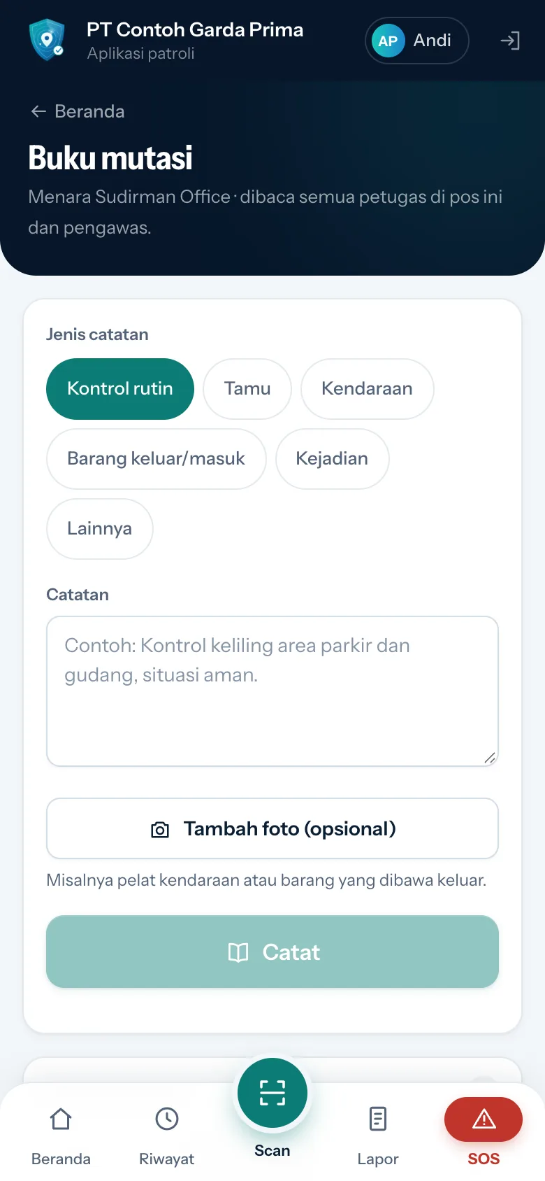 Layar Buku mutasi: pilihan jenis catatan Kontrol rutin, Tamu, Kendaraan, Barang keluar/masuk, Kejadian, Lainnya; kolom Catatan; tombol Tambah foto (opsional) dan Catat