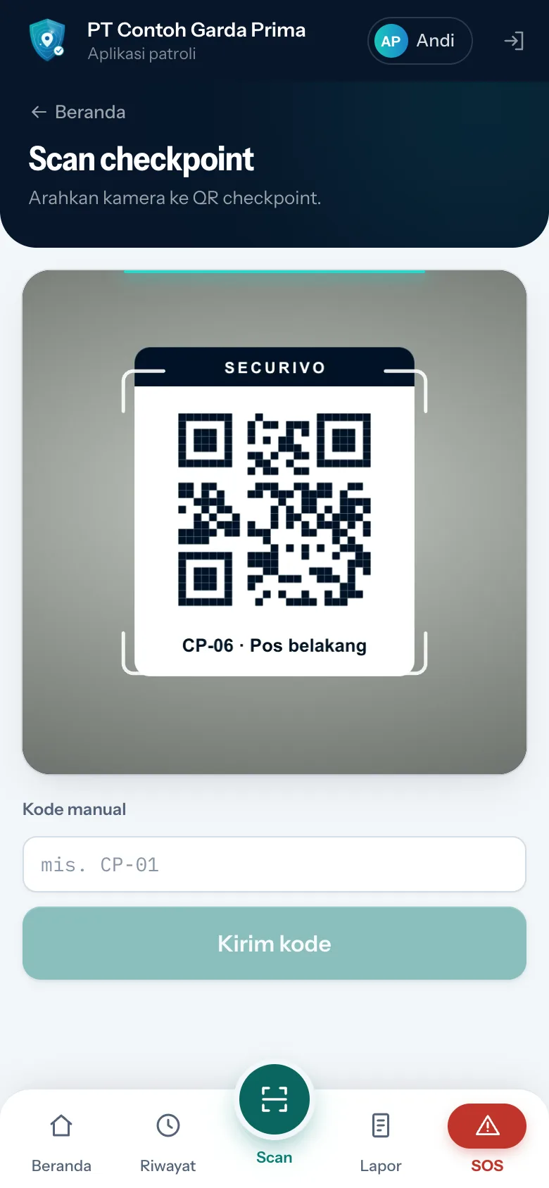 Layar Scan checkpoint: kamera mengarah ke kartu QR CP-06 Pos belakang, di bawahnya kolom Kode manual dan tombol Kirim kode